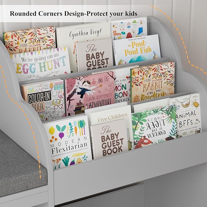 HOSTACK 67" Kids Reading Nook with Bench, Kids Bookshelf and Bookcase with Seat Cushion and 6 Storage Cubbies, Toy Storage Box on Wheels, Toy Chest for Playroom, Bedroom, School, Grey