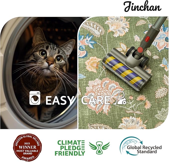 jinchan 2x5 Floral Runner Rug for Hallway Washable Kitchen Runner Vintage Romance Design Non Slip Thin Indoor Floor Cover Low-Profile Throw Carpet for Entryway Bathroom Bedroom Porch, Green