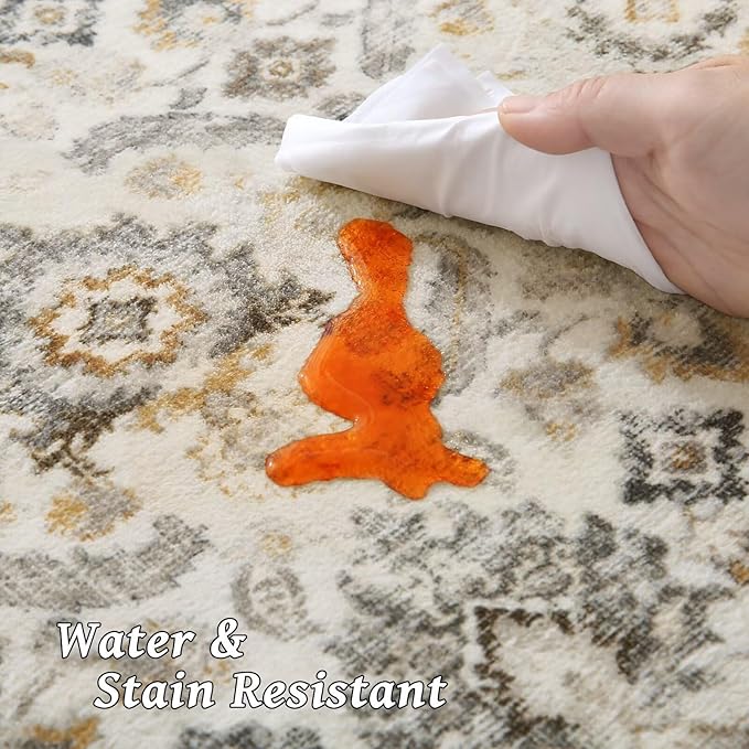 Washable 4x6 Rugs for Living Room, Boho Non-Slip Silicone Backing Small Rugs for Bedroom Nursery Office, 0.3" Neutral Oriental Throw Carpet with 0.16" Cushioning Pad, Grey/Multi