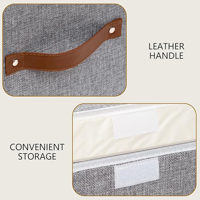 Yawinhe Collapsible Storage Bin, Cube Organizer Basket, Fabric Box with Lids, Washable and Leather Handle, for Home, Closet, Grey, 15.0''Lx9.8''Wx9.8''H, 1-Pack, USNK024GL-1