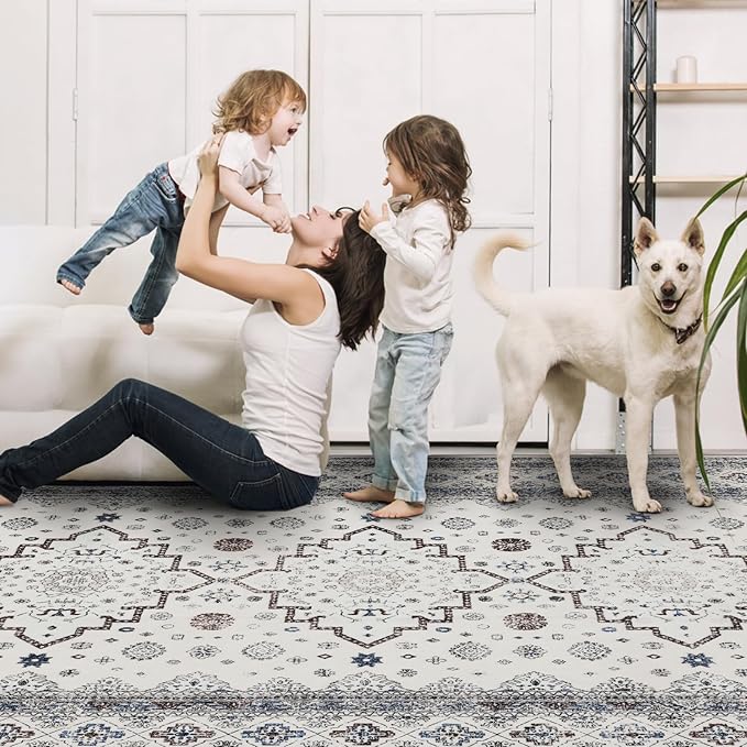 Washable 6x9 Area Rug for Living Room, Carpet for Bedroom Dining Room, Non Slip&Non-Shedding Resistant Low Pile Vintage Print Rug for Home Office (White Cream/Gray)