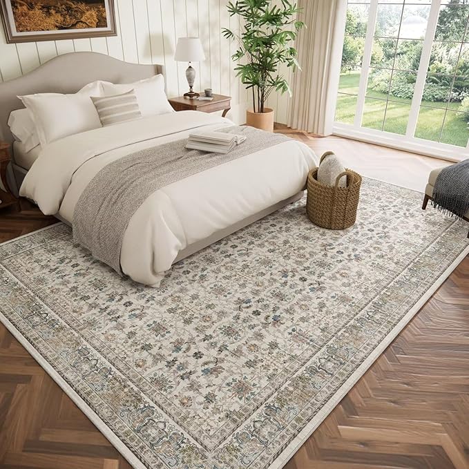 Washable 8x10 Area Rugs for Living Room, Boho Non-Slip Silicone Backing Rugs for Bedroom Dining Room Nursery Office, 0.3" Neutral Oriental Throw Carpet with 0.16" Cushioning Pad, Cream/Multi