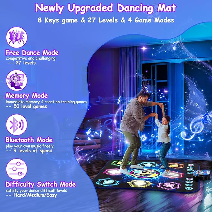 2025 Upgraded Dance Mat Toys for 3-12 Year Old Kids, Electronic Dance Pad with Light-up 8-Button Wireless Bluetooth, Music Dance with 27 Game Levels, Christmas Birthday Toy Gifts for Girls Boys