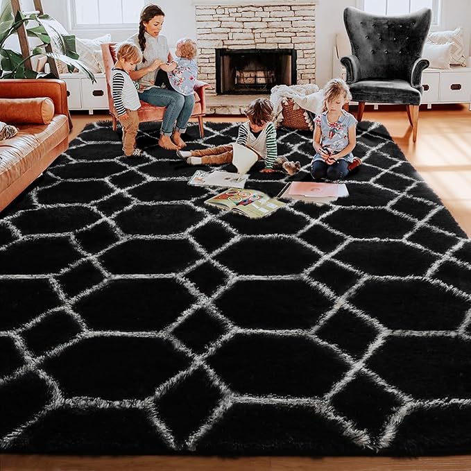 ONASAR Large Area Rugs for Living Room, 7x10 Black and White Rug, Boho Thick Floor Mat for Bedroom Home Decor Aesthetic, Soft Fuzzy Shaggy Plush Fluffy Geometric Carpet for Teen Dorm Classroom