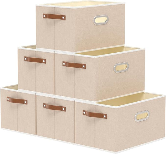 Yawinhe Fabric Storage Bins with Handles, Foldable Baskets for Shelves, Cubes with 3 Handles, Large Boxes for Clothes, Beige, 16.9''Lx11.8''Wx10.2''H, 6-Pack