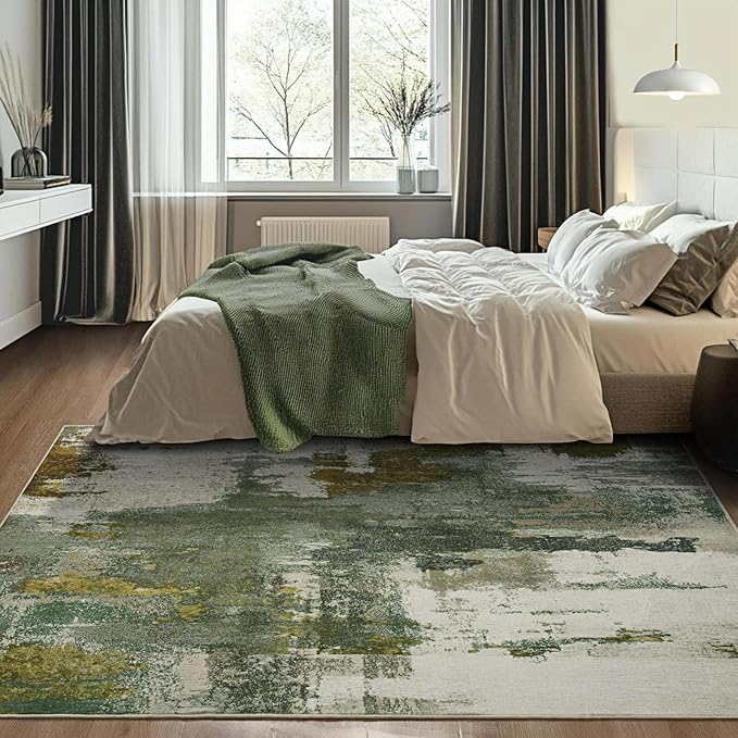 Kelarea Living Room Rug, 4x6 Rug Modern Abstract Washable Rugs Green Faux Wool Vintage Carpets, Non Slip Rugs for Bedroom, Dining Room, College Dorm, Kids Playroom, Home Office