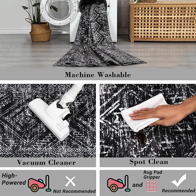 COZYLOOM Rug Runners 2x8 Washable for Hallway Vintage Non Slip Area Rug Geometric Soft Throw Rugs Low Pile Stain Resistant Carpet for Office Dining Room Living Room, Black