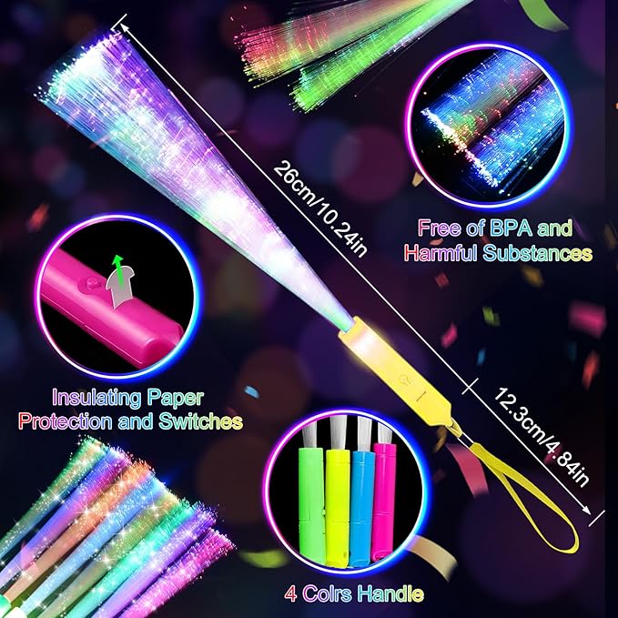 200PCS Glow Fiber Optic Sticks, LED Light Wands, Glow in The Dark Party Supplies, Fiber Optic Wands for Weddings, Birthdays&Events,Flashing LED Party Favors,Colorful Light Sticks for Kids&Adults