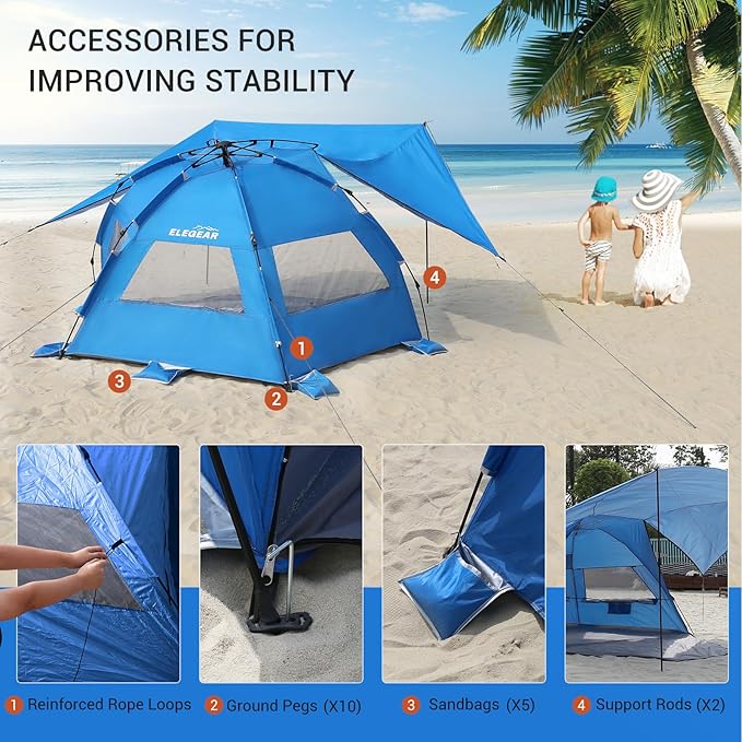 Elegear Beach Tent with Canopy, 1-Second Setup Pop Up Sun Shelter Shade, UPF 50+ UV Protection Silver-Coated Lightweight Portable Beach Cabana