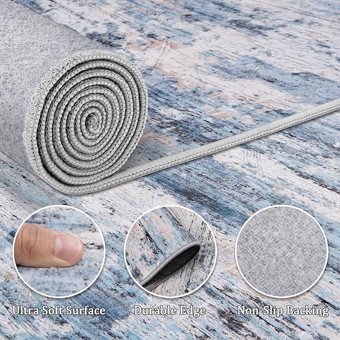 6x9 Area Rug Living Room Rugs - Washable Rug Large Modern Abstract Soft Thin Carpets Indoor Floor No Slip Vintage Carpet for Bedroom Under Dining Table Nursery Home Office Decor Blue