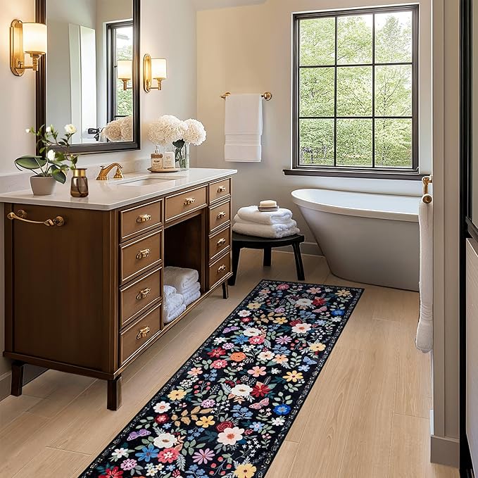 Runner Rug for Entryway: 2.6x8 Kitchen Rugs Non Slip Washable Ultra-Thin Soft Floral Carpet Indoor Floor Stain Resistant Carpets for Hallway Bedroom Kitchen Laundry Bathroom Dorm Black