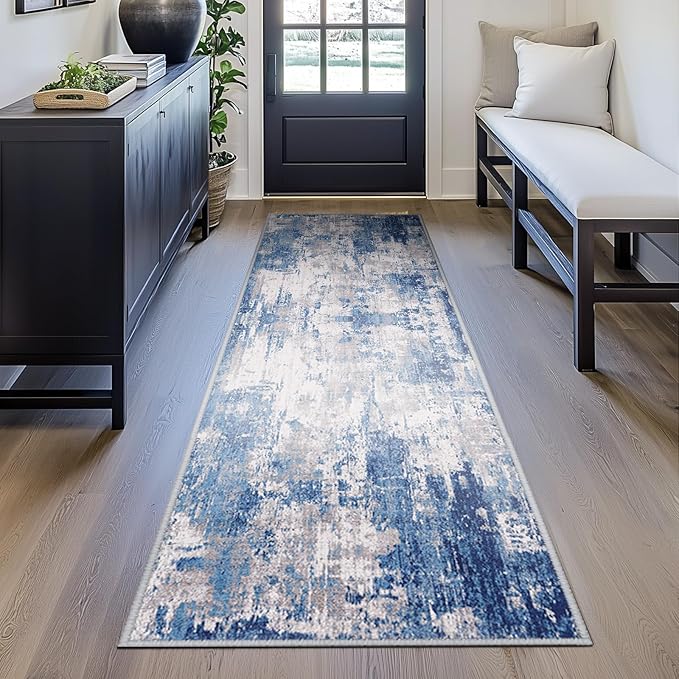 Washable Area Rugs 2'x8' Non-Slip Modern Abstract Soft for Living Room Entryway Bedroom Nursery, Print Pattern, Blue Grey Navy Gray