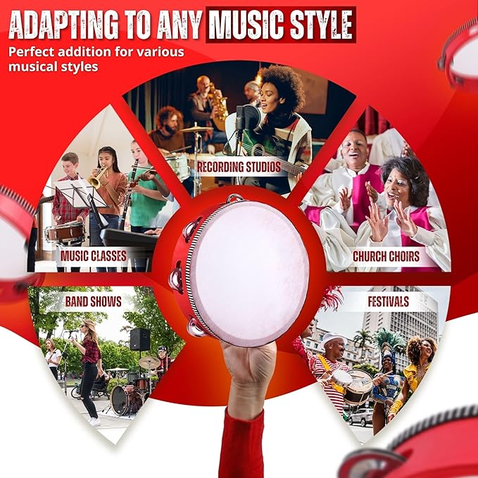Flexzion Wood Handheld Tambourine 8" Inch Single Row 5 Pair Jingles (2 Pack, Red) - Hand Held Percussion Drum Moon Musical Tambourine with Ergonomic Handle Grip