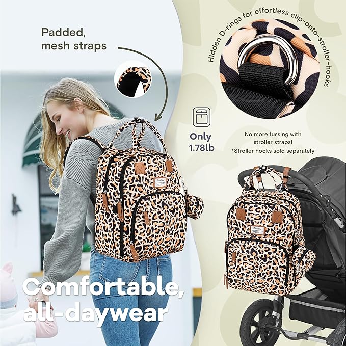 RUVALINO Diaper Bag Backpack-Multifunction Baby Travel Bag with Changing pad, Insulated Bottle Holders & Pacifier Case, Large Capacity, Waterproof, Yellow Leopard