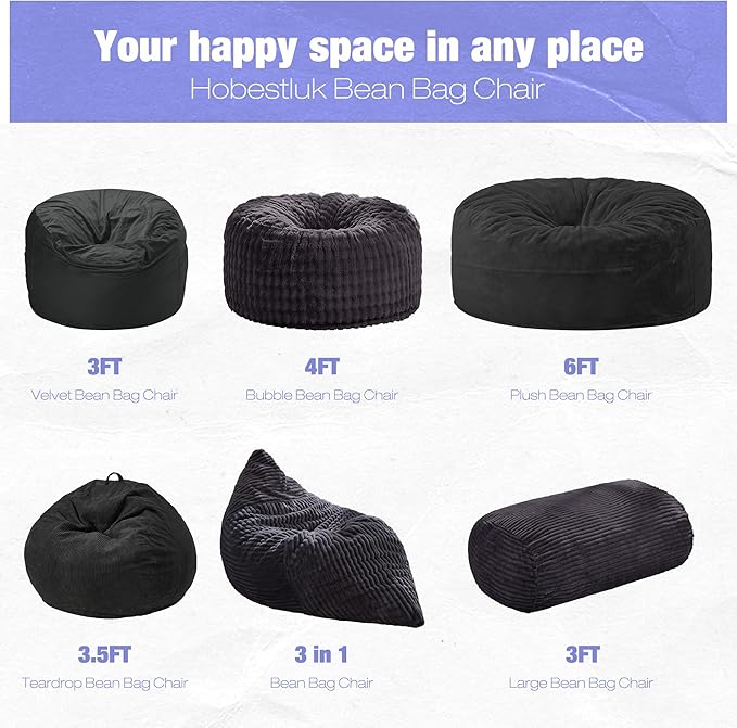 Hobestluk 3FT Bean Bag Chairs Adult Bean Bag with Portable Handle Comfy Large Bean Bag Chair with Removable Cover for Living Room Bedroom or Reading Nook (Stripe Dark Grey, 3FT)