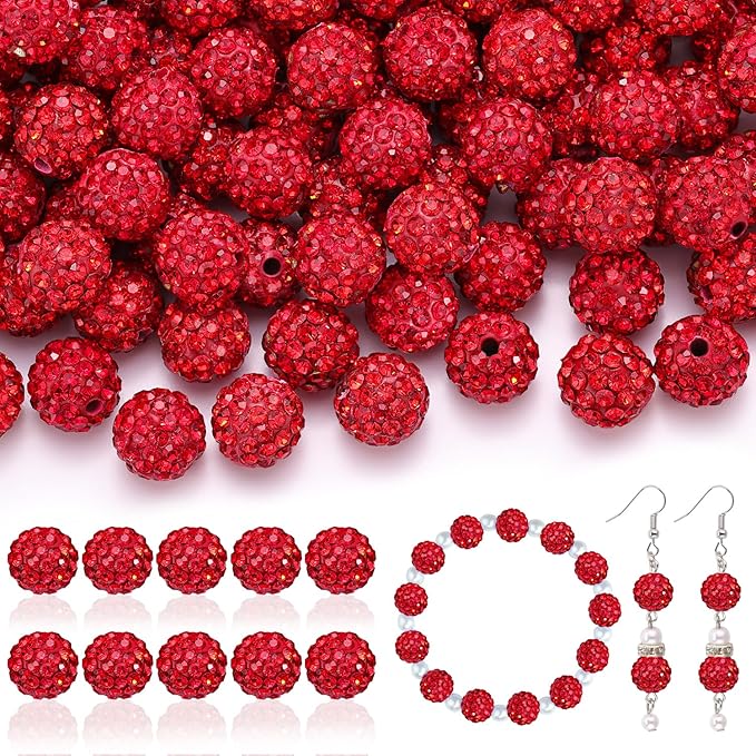 105pcs 10mm Rhinestone Beads for Jewelry Making, Red Shiny Round Disco Ball Beads Bulk, Sparkle Crystal Clay Christmas for Bracelet Baseball Necklace Earring Crafting and DIY