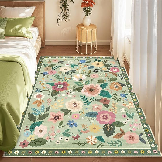 Floral 4x6 Area Rug Machine Washable Soft Print Boho Carpet Non Slip Doormat Low Pile Flower Area Rugs for Living Room Bedroom Nursery Kitchen Dining Room Indoor-Light Green
