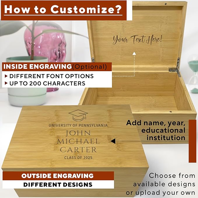 Graduation Keepsake Box 2025 - Personalized Graduation Gifts for Him Her, Custom Engraved High School Keepsake Organizer Boys Girls, School Years Memory Box, Card Cap and Gown Storage Congrats Grad