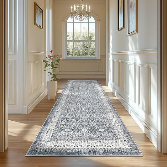 jinchan Hallway Runner Rug 3x10 - Machine Washable Grey Vintage Floral Distressed Design Soft Non-Slip Low-Pile Ultra-Thin Runner Rug for Kitchen Laundry Room Bedroom Farmhouse (3‘x10',Grey)