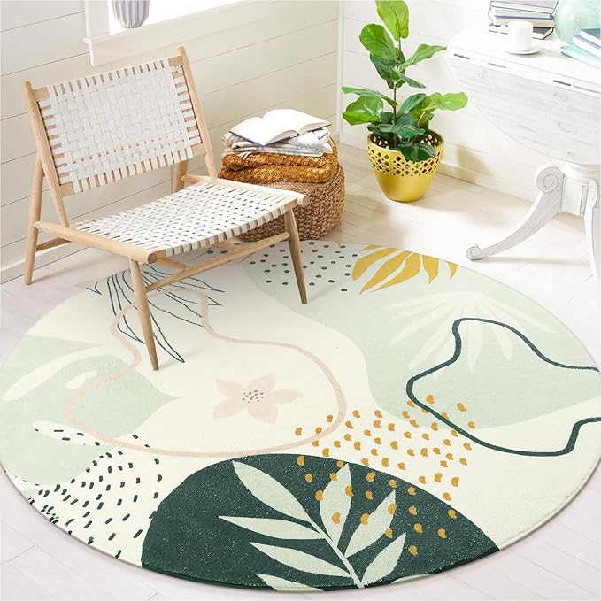 Lahome Boho Round Area Rug - 3Ft Washable Non-Slip Bathroom Rug, Green Botanical Print Carpet for Bedroom, Living Room, Entryway