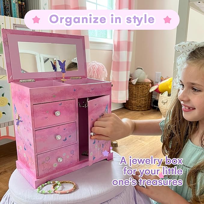 Jewelkeeper Jewelry Box - Jewelry Box for Girls with Ballerina Music Box - 3 Spacious Drawers, Necklace Carousel, Soft Pink Lining and Flowers Design - Sugar Plum Fairy Tune - 9.5 x 7.75 x 9.5 in