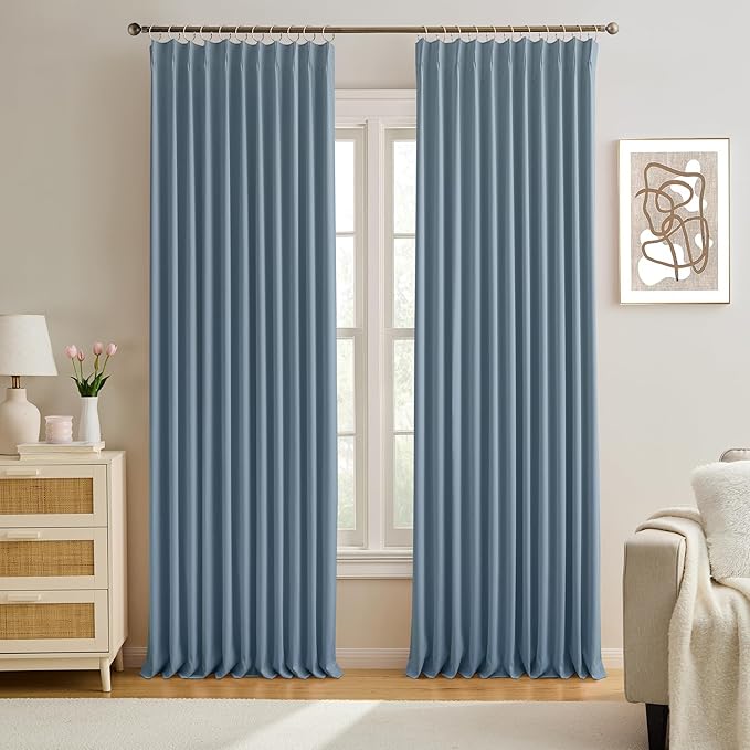 KEQIAOSUOCAI Pinch Pleated Blackout Curtain Drapes for Window 108" L - Triple Weave Energy Saving Thermal Room Divider Blackout Panels for Patio (72" Wide per Panel, 2 Panels, Dusty Blue)