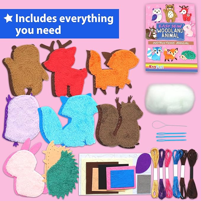 KRAFUN Easy Sewing Kit for Beginner Kids Arts & Crafts, 8 DIY Projects of Stuffed Dolls of Woodland Animals, Bear, Bunny, Fox, Owl, Instructions & Felt, Gift for Girls, Boys, Learn to Sew