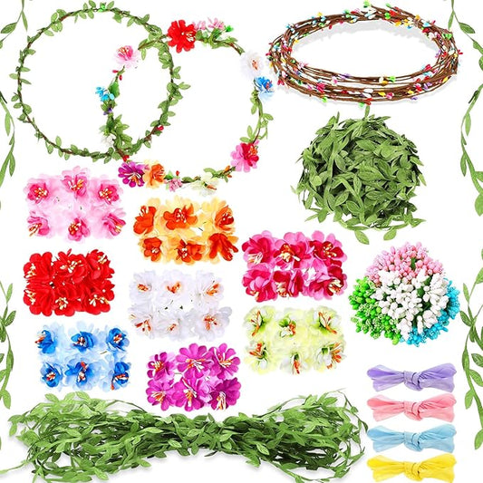 Syhood Mini Plum Blossom Crowns Making Kit, 120 Pcs Parts, Make Your Own Flower Wreath Headbands and Bracelets Craft Kit Hair Accessories Handmade DIY Floral Crown Garland Presents
