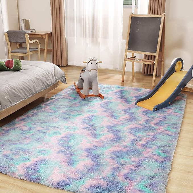 Rainbow Rug for Girls Room, 3x5 Fluffy Area Rugs for Bedroom, Colorful Kids Rug Cute Anti-Skid Indoor Carpet for Nursery, Living Room, Playroom, Home Decor