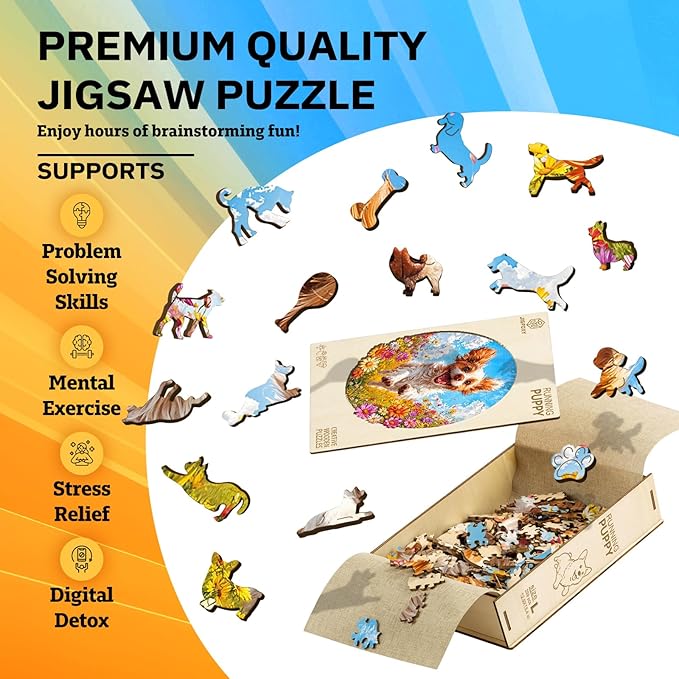 Jigfoxy Wooden Puzzles for Adults, Running Puppy Wood Puzzles Adult, Unique Animal Shape Wooden Jigsaw Puzzles for Adults, Birthday Gifts for Puzzle Lovers, Family, Friend (S-8 * 8.3in-108pcs)