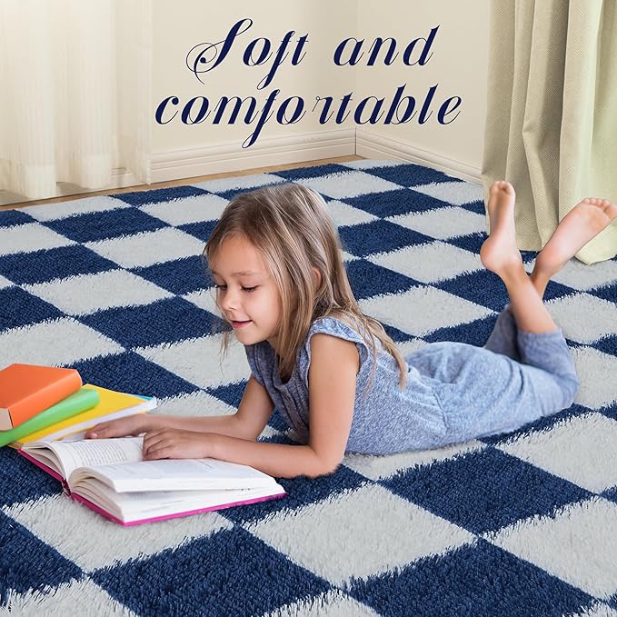 Super Soft Rug for Bedroom, 8x10 ft Blue and White Area Rug Classic Checkered Shaggy Anti-Skid High Pile Soft Fluffy Rug Fuzzy Carpet for Living Room Bedroom Kids Room Nursery, Dorm
