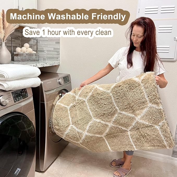 ONASAR 8x10 Area Rugs for Living Room, Fluffy Beige and White Bedroom Rug, Washable Geometric Boho Large Soft Plush Shaggy Fuzzy Floor Carpet for Nursery Kids Classroom Playroom Dorm Home Decor