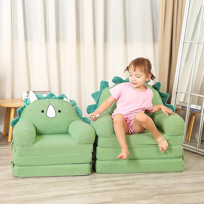 Foldable Kids Sofa, Triceratops Toddler Couch with Tri Folding Foam Cushions, Comfy Kids Couch for Age 3-6