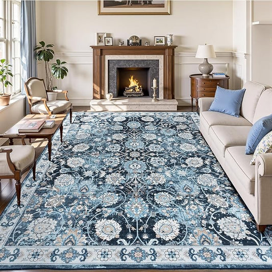 Floral 8x10 Area Rug for Living Room, Large Washable Blue Rugs, Soft Non Slip Carpets, Stain Resistant Low Pile Carpet for Indoor Dining Bedroom Under Table Home Office Nursery, Blues Garden