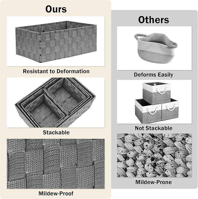 Woven Storage Baskets, Storage Bins, Cube Basket Container Baskets Storage Boxes Organizers for Clothes /Shelves/ Closet, Set of 6 (Grey)