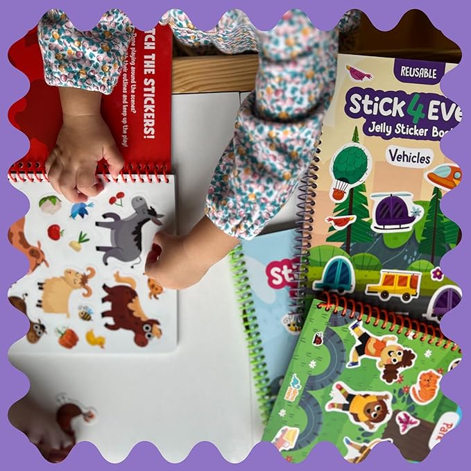 Stick4Ever Jelly Sticker Book - for Kids - Waterproof, Easy to Clean Jelly Stickers for Kids - Reusable Sticker Book for Toddlers with 50 Pcs of Reusable Stickers (Vehicles)