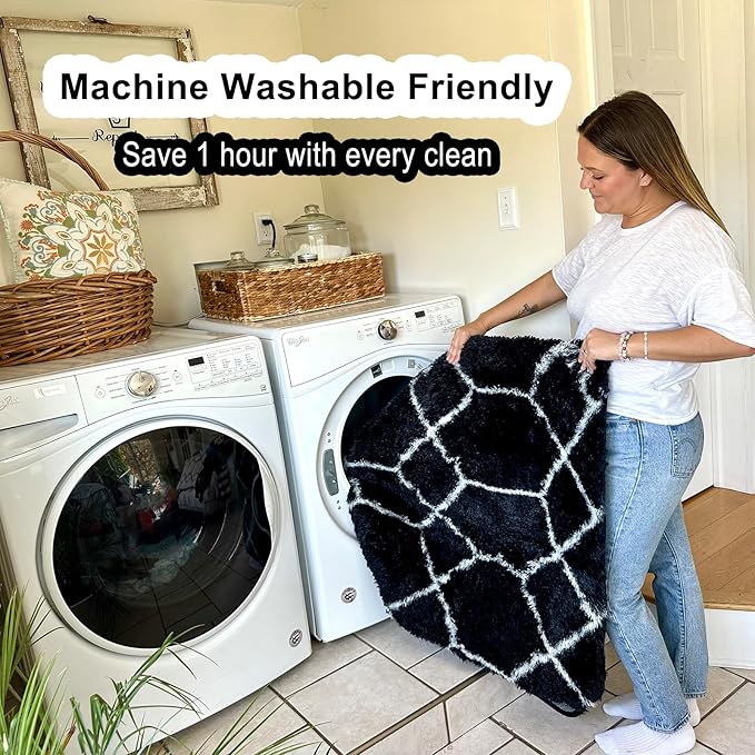 ONASAR Large Area Rugs for Living Room, 7x10 Black and White Rug, Boho Thick Floor Mat for Bedroom Home Decor Aesthetic, Soft Fuzzy Shaggy Plush Fluffy Geometric Carpet for Teen Dorm Classroom