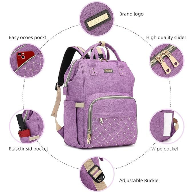 Diaper Bag Backpack, Diaper Bags for Baby Girls Boys, Baby Bags for Moms Dads, Nappy Changing Bag with Insulated Pockets,Multi-functional Waterproof Backpack with Stroller straps-Purple