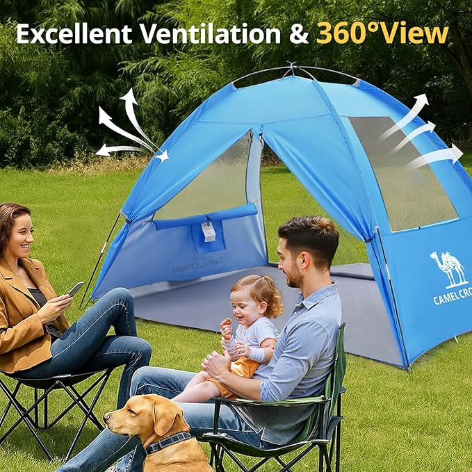 CAMEL CROWN Beach Tent UPF 50+ Sun Shelter for 2/3/5/6 Person, Lightweight Portable Sun Shade with Sand Anchor, Family Beach Day & Outdoor Adventures