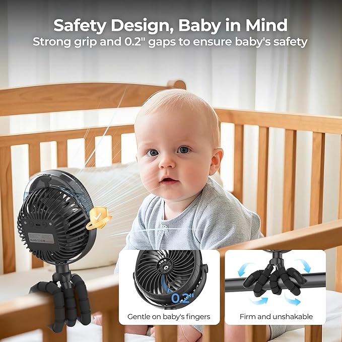 COMLIFE Misting Baby Stroller Fan, Rechargeable Battery Operated, 270° & 360° Pivoting, 50ml Portable Water Sprayer Misting Fan with Flexible Tripod Clip on Car Seat Crib Treadmill Bunk Bed