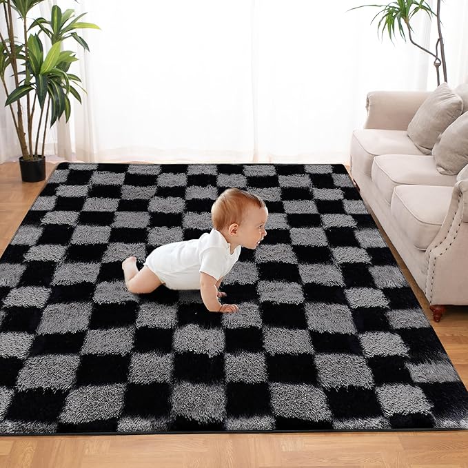 Super Soft Rug for Bedroom, 8x10 Ft Grey and Black Area Rug Classic Checkered Shaggy Rug Anti-Skid High Pile Soft Fluffy Fuzzy Carpet for Living Room Bedroom Kids Room Nursery, Dorm Home Decor
