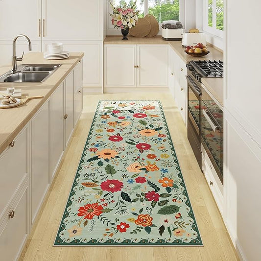 Rug Runners 2x6, Floral Green Washable Kitchen Rugs for Hallways Area Rugs, Non Slip Long Rug Low Pile Doormat Flower Carpet for Kitchen, Entryway Indoor, Bedroom, Bathroom, Laundry, Sage Green