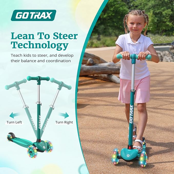 Gotrax KS1 Kids Kick Scooter, LED Lighted Wheels and 3 Adjustable Height Handlebars, Lean-to-Steer & Widen Anti-Slip Deck, 3 Wheel Scooter for Boys & Girls Ages 2-8 and up to 110 Lbs
