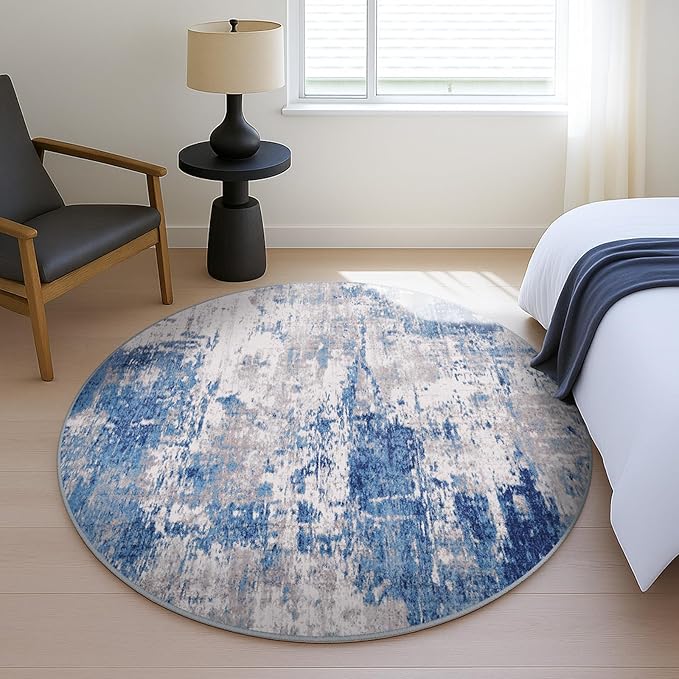 Washable Area Rugs 6ft Non-Slip Modern Abstract Soft for Living Room Entryway Bedroom Nursery, Print Pattern, Blue Grey Navy Gray