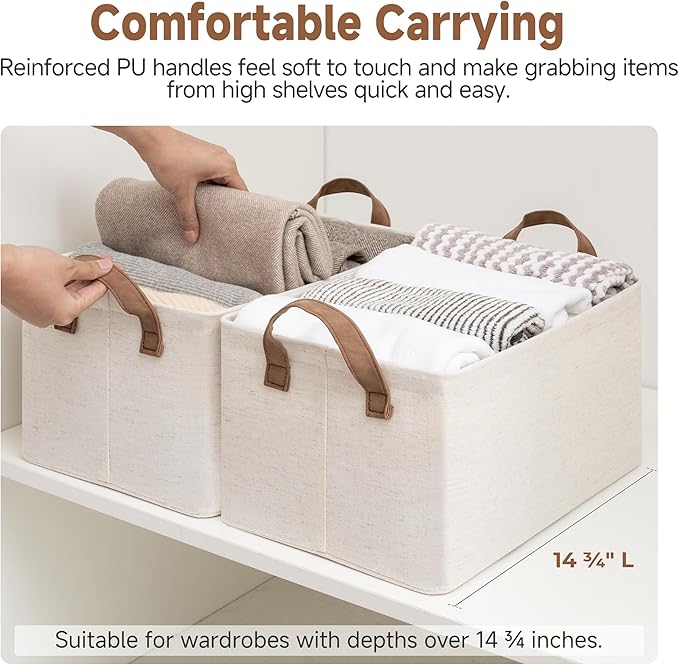 StorageWorks Storage Bins, Shelves Baskets for Organizing, Fabric Closet Organizers with Handles, Metal Frame, Beige（Cotton-linen）, 2-Pack