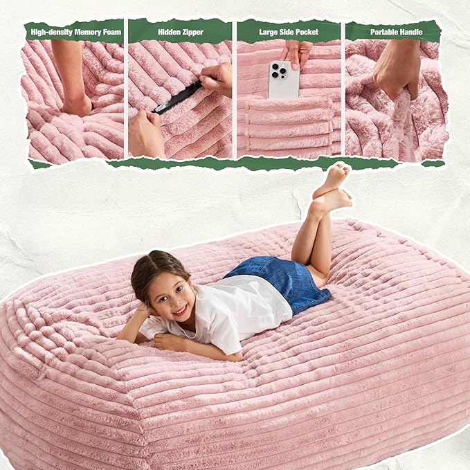 Hobestluk 4FT Bean Bag Chairs Adult Bean Bag with Portable Handle Comfy Large Bean Bag Chair with Removable Cover for Living Room Bedroom or Reading Nook (Stripe Pink, 4FT)