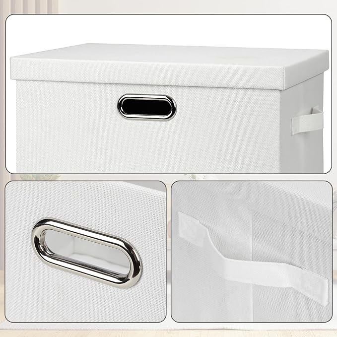 Large 17" 36 Quart Collapsible Stackable Storage Bins with Lids, 3 Packs White Linen Fabric Closet Boxes with Lids, Storage Cube Baskets Container Organizers for Bedroom Office(17 x12 x11)