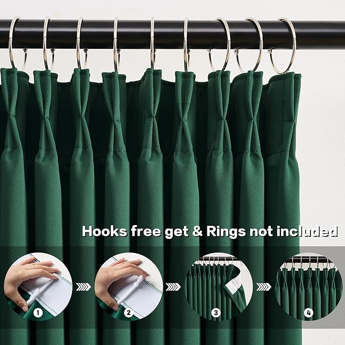 KEQIAOSUOCAI 90 Inch Dark Hunter Green Blackout Curtains for Living Room Pinch Pleated with Hooks - Room Darkening Thermal Insulated Christmas Green Track Curtain 40 x 90 Inches Long-2 Panels Set