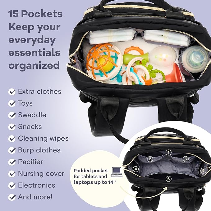 RUVALINO Diaper Bag Backpack-Multifunction Baby Travel Bag, Insulated Bottle Holders & Large Capacity, Waterproof, Deep Black