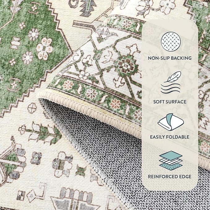 Lahome Boho Green Machine Washable Living Room Rugs - 3x5 Area Rugs for Bedroom Non-Slip Ultra-Thin Entryway Rug, Vintage Print Throw Indoor Carpet Rug for Office Kitchen (Green, 3'x5')